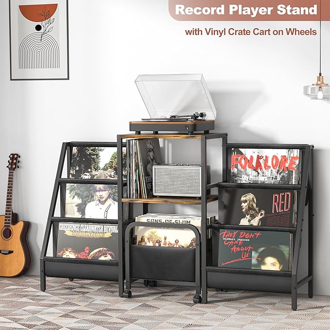 Record Player Stand with Vinyl Storage Cart, Record Player Table with Record Storage 200 Albums, Turntable Stand with Record Holder Vinyl Display Shelf, Record Cabinet Media Stereo