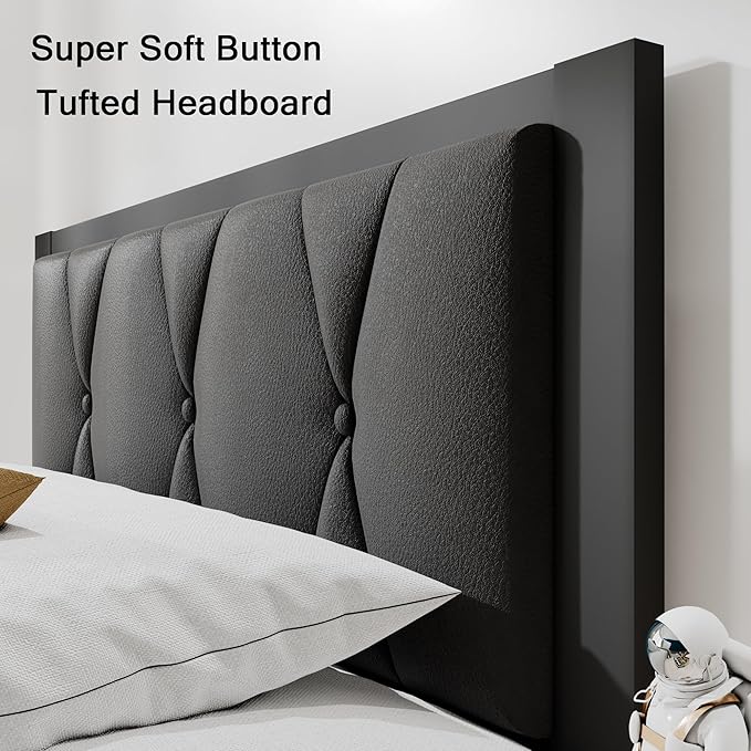 Queen Size Metal Bed Frame, Platform Bed with Faux Leather Button Tufted Headboard, 12" Underbed Storage, Steel Slats Support, No Box Spring Needed, Easy Assembly, Noise-Free, Black