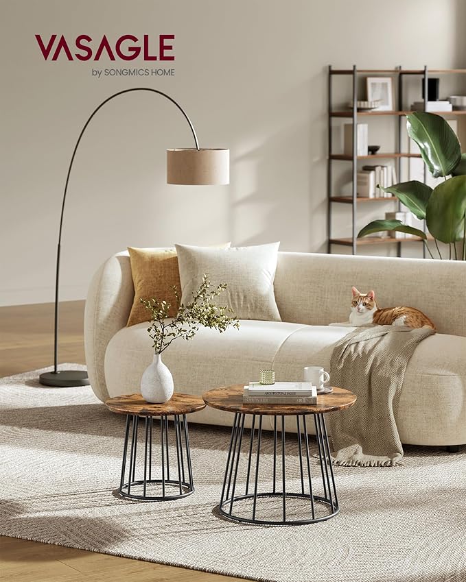 VASAGLE Round Coffee Tables, Set of 2, Modern Circle Side Tables with Steel Frame, for Living Room, Bedroom, Rustic Brown ULCT045K01