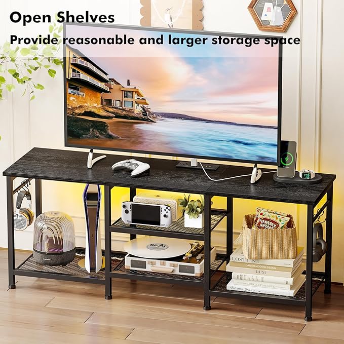 YGEOMER Black TV Stand Entertainment Center for 55 Inch TVs, with Charging Station and Lights Open Storage Shelves, TV Media Console, Open Storage Shelf with Sound Rack for Living Room, Bedroom
