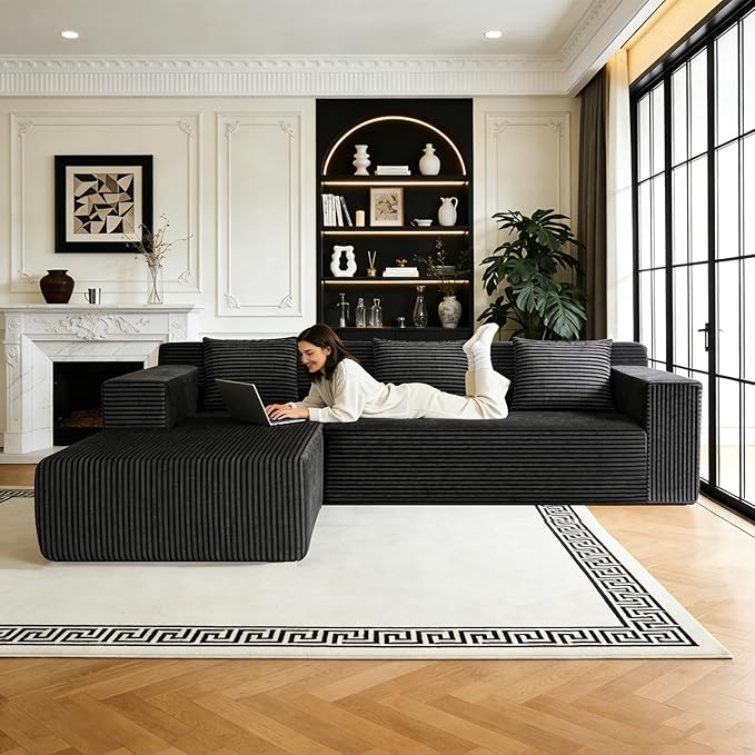 HonTop 103” L-Shaped Modular Sectional Sofa with Chaise, Boneless Comfy Corduroy Fluffy Couch with Deep Seat, Flexible Module Combination for Living Room, No Assembly, Black Left | Friendly Size, Flexible Modular, Family Pet-Friendly, Soft Corduroy, Su...