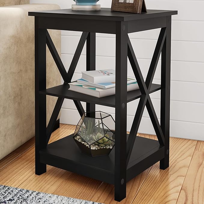 Lavish Home Side Tables with Two Shelves – Set of 2 Contemporary Nightstands with X-Legs – Wooden End Table Pair for Living Room or Bedroom (Black)