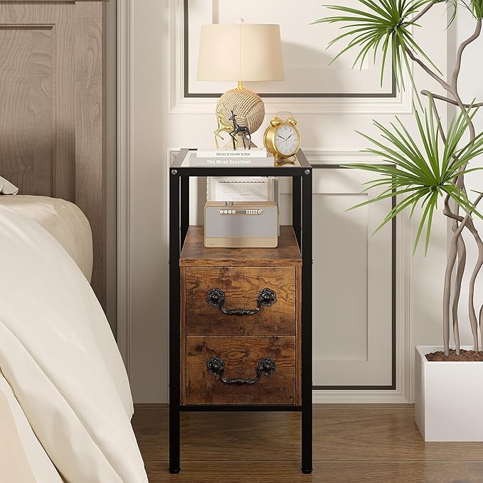 VECELO Narrow Side Table, Night Stand Sofa Table with Glass Top,Bedside End Tables with Storage Drawers,Wood Nightstand for Small Spaces Living Room Bedroom,Brown