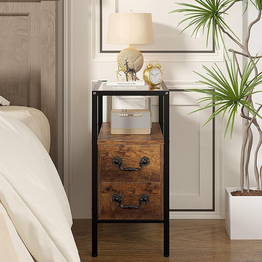 VECELO Narrow Side Table, Night Stand Sofa Table with Glass Top,Bedside End Tables with Storage Drawers,Wood Nightstand for Small Spaces Living Room Bedroom,Brown