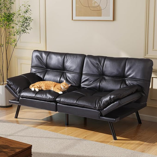 Opoiar Black Leather Futon Sofa Bed Convertible Memory Foam Couch Bed Futon Sets Folding Modern Sleeper Sofa Loveseat for Studio,Drom,Apartment,Game Room and Small Space