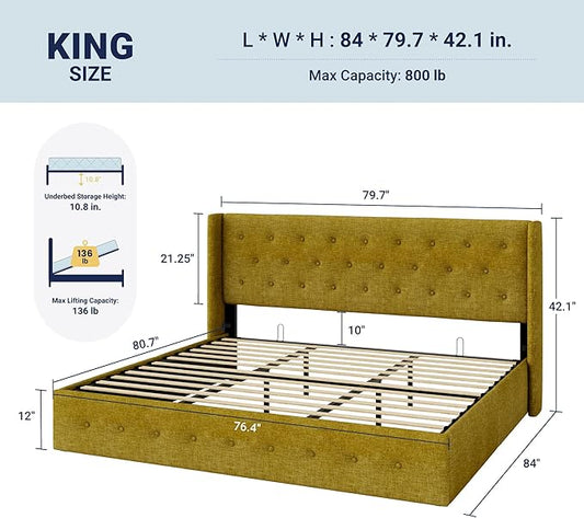 Allewie King Size Lift Up Storage Bed, Button Tufted Headboard with Wingback, Hydraulic Support, No Box Spring Needed, Olive Yellow