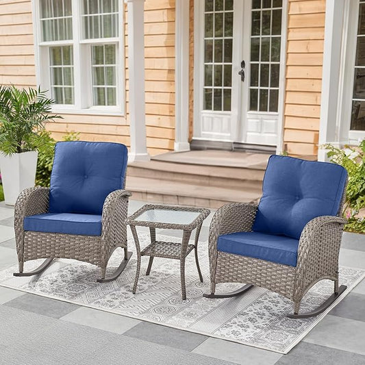 Belord Patio Rocking Chairs Wicker Set - Outdoor Rocking Chairs Set of 2 with Side Table, 3 Piece Patio Rocker Furniture Set with Water-Resistant Cushions for Porch Balcony Backyard