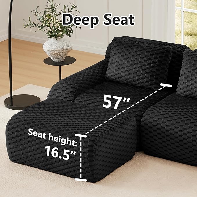 KEIKI 81.9" Loveseat Boneless Couches for Small Living Room, Space Saving Modular Sectional Velvet Sofa with Ottoman, Deep Seat Comfy Chaise Lounge Indoor for Apartment Furniture, Modern Decor, Black