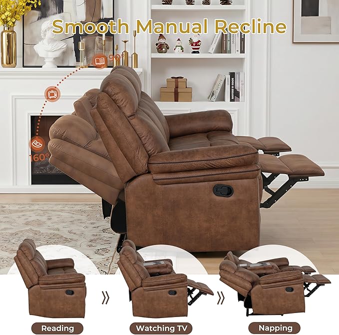 3-Seater Manual Recliner Sofa with Dual Recliners, Drop-Down Table, USB Charging Ports & Power Outlets, Faux Leather Couch for Living Room, Ergonomic Design for Full Comfort (87")