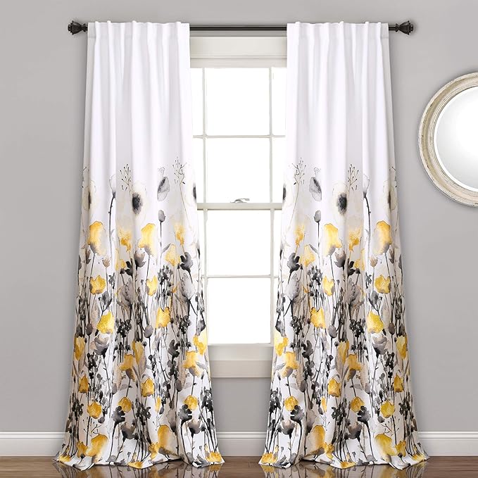 Lush Decor, 84” x 52”, Yellow and Gray Zuri Flora Curtains Light Filtering Window Panel Set for Living, Dining, Bedroom (Pair)