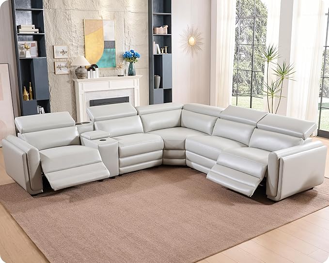 AMERLIFE Power Recliner Sofa, 129 Inch Oversized Reclining Sofa with Console & Speaker, 5 Seats L Shaped Sectional Couch for Living Room, Light Grey Leather