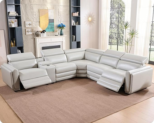 AMERLIFE Power Recliner Sofa, 129 Inch Oversized Reclining Sofa with Console & Speaker, 5 Seats L Shaped Sectional Couch for Living Room, Light Grey Leather