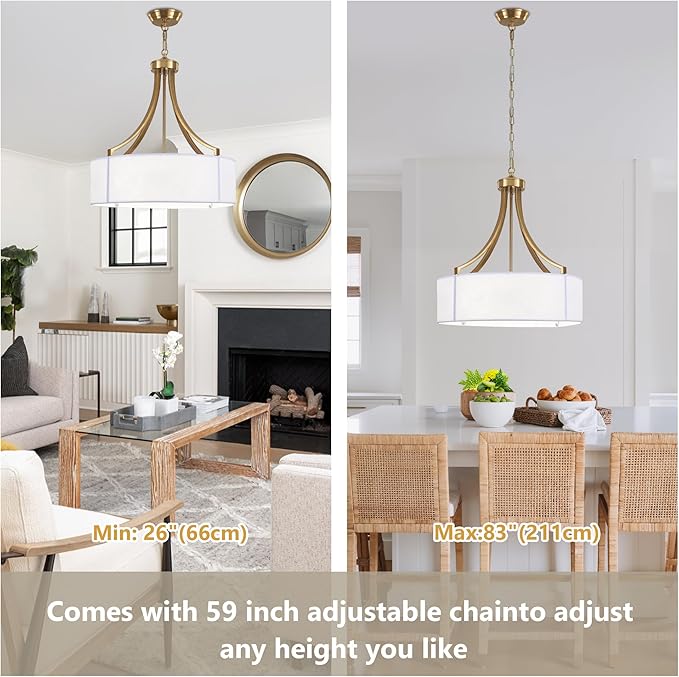 20" Modern Gold Farmhouse Drum Chandeliers for Dining Room, 6-Light Rustic Drum Pendant Light with White Fabric Shade, Hanging Light Fixture for Living Room Bedroom Foyer Kitchen Island Entryway