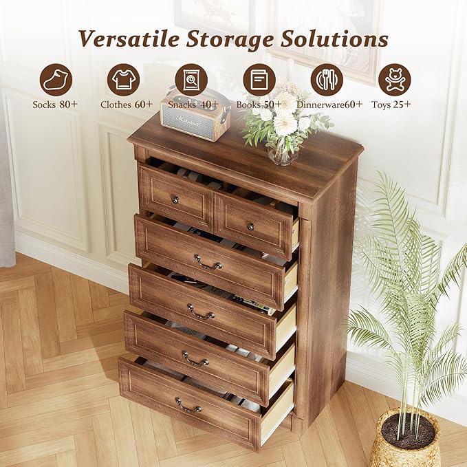 Concho Farmhouse 6 Drawers Dresser for Bedroom, Tall Wood Chest of Drawers with Spacious Storage Space, Rustic Storage Dressers Organize, TV Stand for Living Room, Bedroom, Rustic Brown
