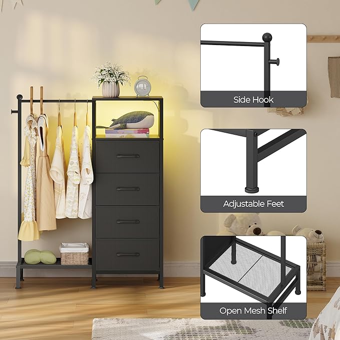 Dresser for Bedroom with Reversible Hanging Rack, 4 Drawers Dresser with LED Lights, Fabric Dressers with Open Shelf, Chest of Drawers with Clothes Rack, Kids Dressers for Bedroom, Black