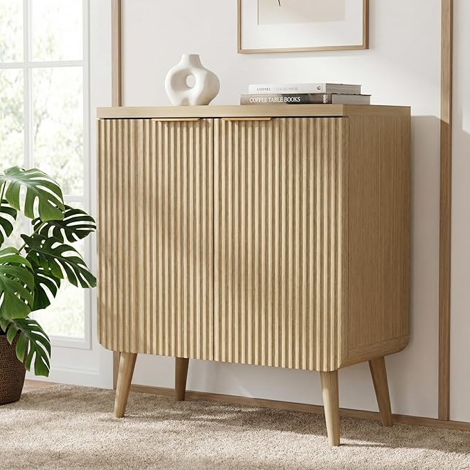 FONTOI 23.6" Wood Fluted Buffet Cabinet with 2 Doors & Storage - Multifunctional Kitchen Sideboard Credenza for Living Room & Entryway, Oak