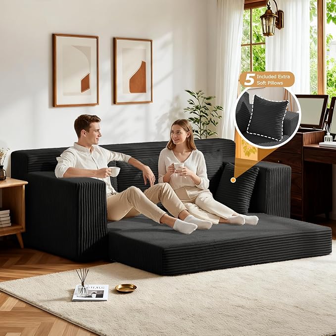 Convertible Sofa Bed, Pull Out 3 Seater Sleeper Sofa, 70" Black Boneless Couch Fold Out Floor Couch with 5 Pillows for Living Room Bedroom Lounge Small Space