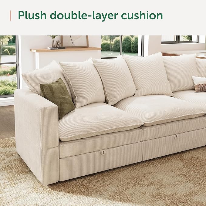 HONBAY Modular Sectional Sofa, 137 Inch U Shaped Corduroy Couch with Storage, Convertible Sectional Sofa with Deep Seat, Beige