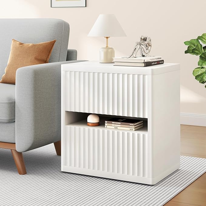 Dripex Fluted Nightstand Set of 2, 22'' Wide Night Stand with 2 Large Drawers, Mid Century Modern Wood Bedside Table with Open Shelf, Large Bed Side End Table for Bedroom, White