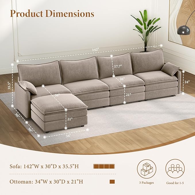 Vesgantti 142" Cloud Couch Sectional Modular Sofa, Comfy Sectional Couch with Ottoman Deep Seat Chenille L Shaped Sofa, Modular Couches for Living Room, Bedroom and Apartment, Light Brown | Sink-in Comfort, Height Adjustable, Easy Rearrangement, Extra-...