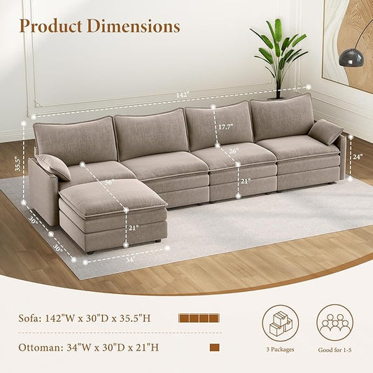 Vesgantti 142" Cloud Couch Sectional Modular Sofa, Comfy Sectional Couch with Ottoman Deep Seat Chenille L Shaped Sofa, Modular Couches for Living Room, Bedroom and Apartment, Light Brown | Sink-in Comfort, Height Adjustable, Easy Rearrangement, Extra-...