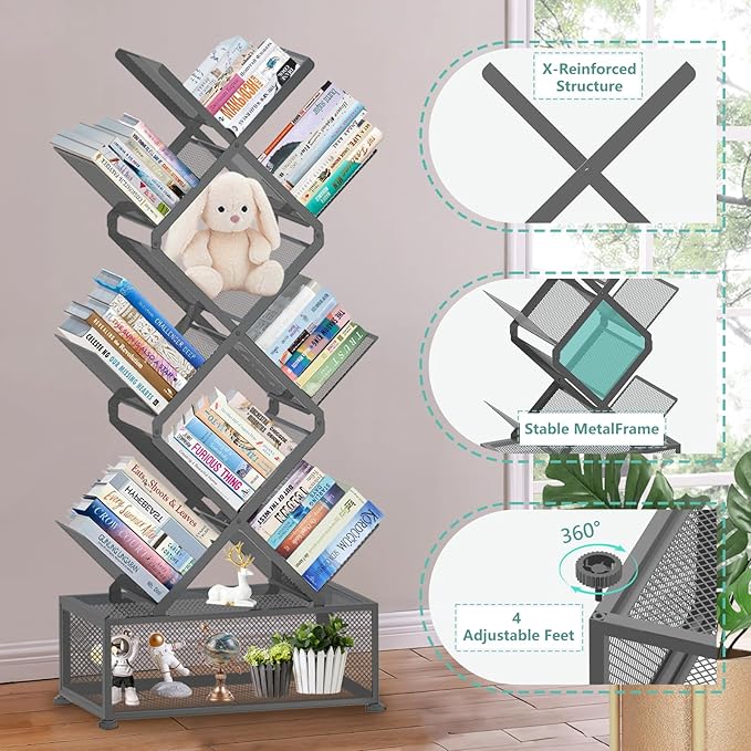 HI NINGER Tree Bookshelf,9 Tier Folding Bookshelf with Storage Cabinet, Tall Narrow Bookshelves Organizer,Bookcase Tower,Tall Floor Standing Book Organizer for Living Room/Bedroom/Home Office/Corner