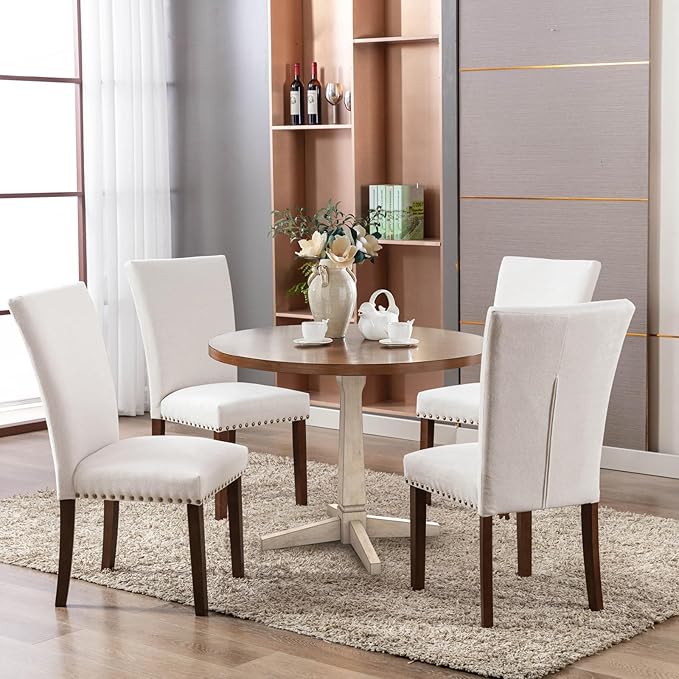 COLAMY Upholstered Parsons Dining Chairs Set of 4, Fabric Dining Room Kitchen Side Chair with Nailhead Trim and Wood Legs - Beige,No Table