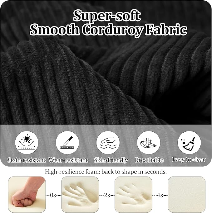 31.5'' Convertible Compressed Corduroy Folding Cloud Sofa Bed, Modern Boneless Pull Out Sleeper Sofa Couch in a Box, 3 in 1 Portable Lazy Floor Lounge Chair, No Assembly Needed, Black, Pillow, Single