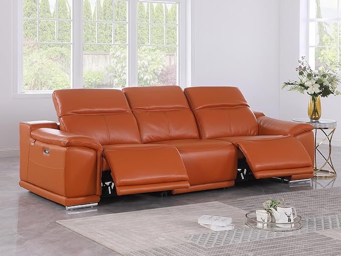 BlackJack Furniture Venice Top Grain Italian Leather Dual Power Recliner Sofa - 107" Theater Seating Modern Couch for Living Room Apartment Lounge Home with Adjustable Headrests & USB Port, Camel