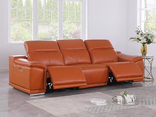 BlackJack Furniture Venice Top Grain Italian Leather Dual Power Recliner Sofa - 107" Theater Seating Modern Couch for Living Room Apartment Lounge Home with Adjustable Headrests & USB Port, Camel