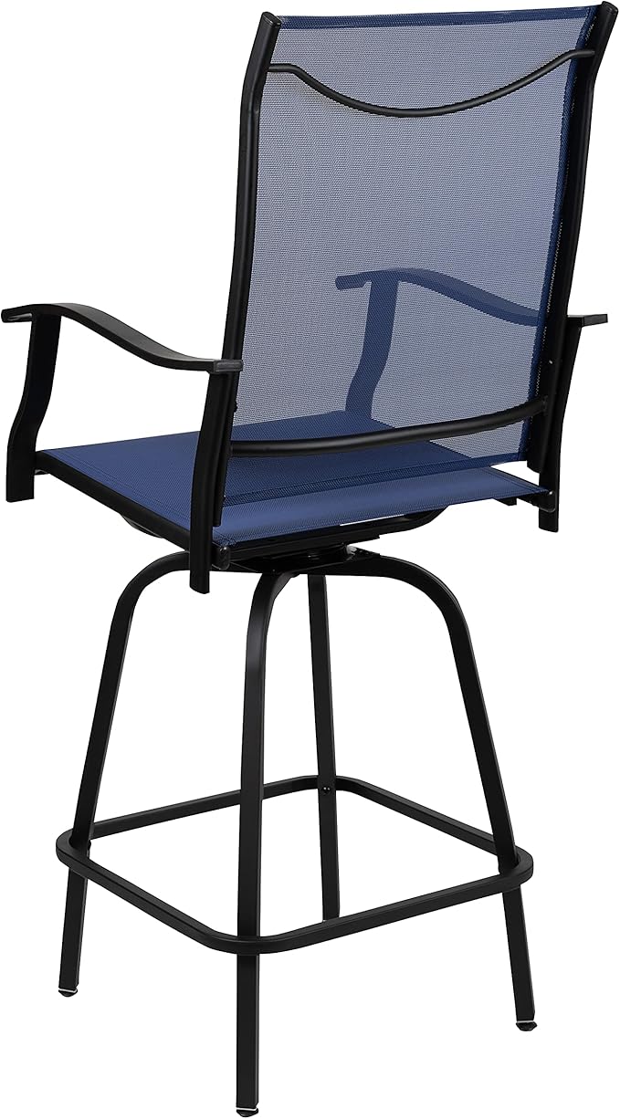 Flash Furniture Valerie All-Weather Swivel Patio Barstools with Footrest and Armrests, Modern Sling Outdoor Bar Height Stools, Set of 2, Navy