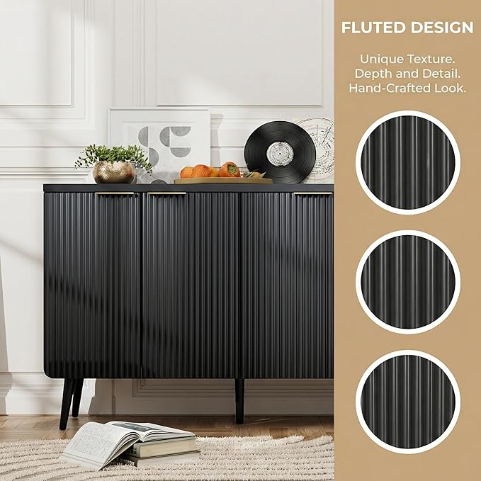 FONTOI 47.2" Wood Fluted Buffet Cabinet with 4 Doors & Storage - Multifunctional Kitchen Sideboard Credenza for Living Room & Entryway, Black