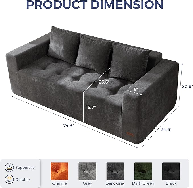 MAXYOYO Modular Sofa Couch, 75" Oversized Loveseat Boneless Cloud Couch with Deep Seat, Chenille Upholstered Living Room Sleeper Sofa Chair for Living Room, No Assembly Required, Dark Grey