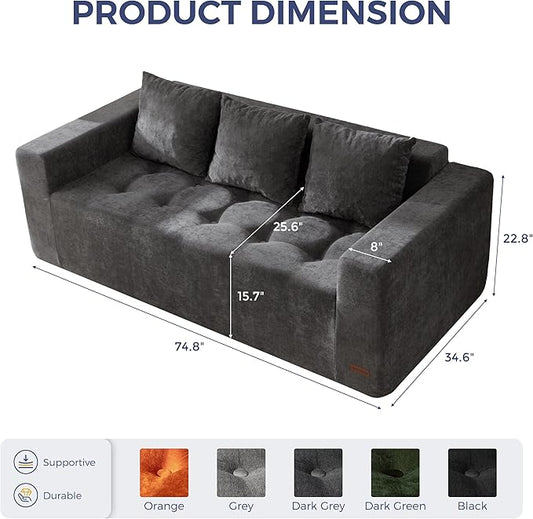 MAXYOYO Modular Sofa Couch, 75" Oversized Loveseat Boneless Cloud Couch with Deep Seat, Chenille Upholstered Living Room Sleeper Sofa Chair for Living Room, No Assembly Required, Dark Grey