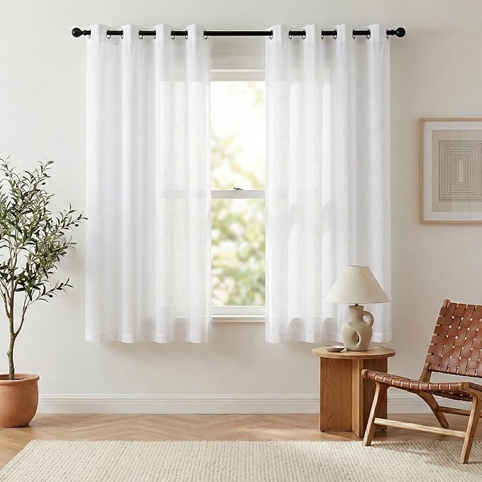 NICETOWN Sheer Linen Kitchen Curtains - 63 Inches Long Bedroom Privacy Translucent Voile, Grommet Sheer Window Drapes for Kids Room (63 Inch Long, White, Set of 2)