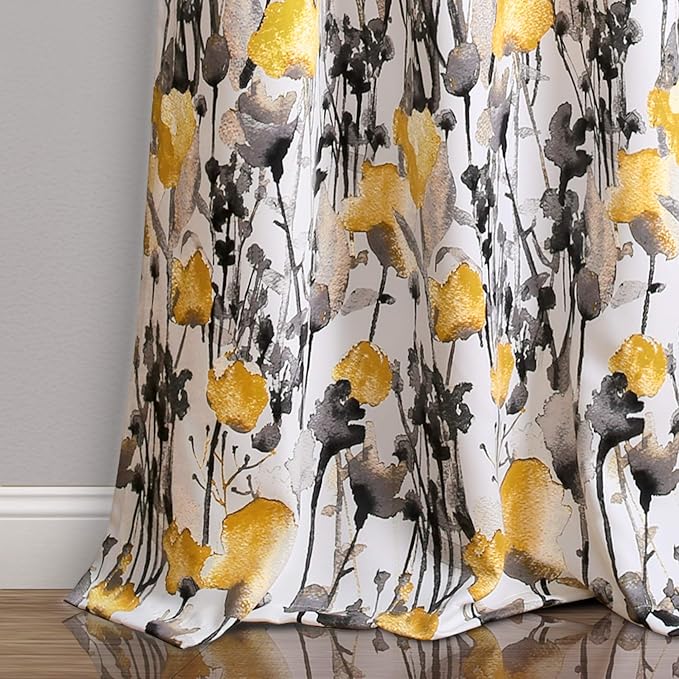 LUSH DÉCOR, 95” x 52”, Yellow and Gray Lush Decor Zuri Flora Curtains Light Filtering Window Panel Set for Living, Dining, Bedroom (Pair)
