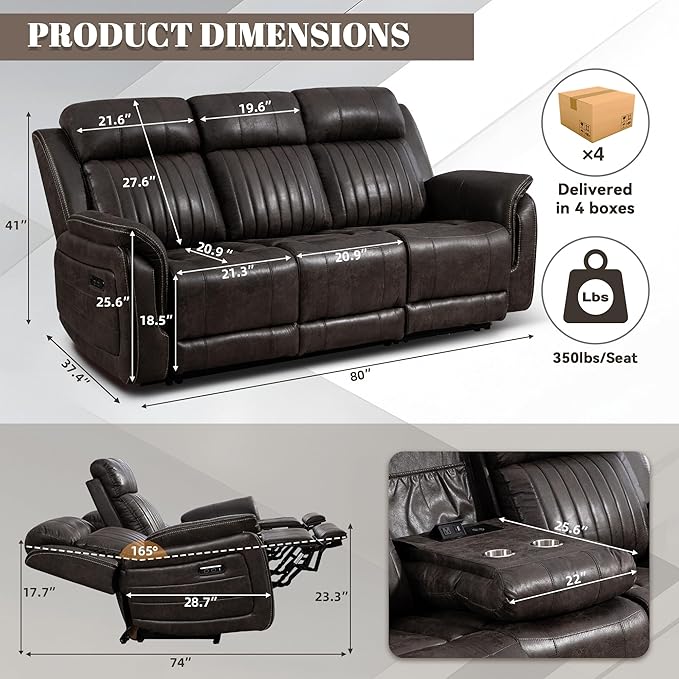 Zero Gravity Power Recliner Sofa Couch – Electric Reclining Sofa with Drop Down Table, 3 Seater Dual Reclining Couch with Adjustable Headrests for Living Room (Foil Fabric, Brownish Gray)