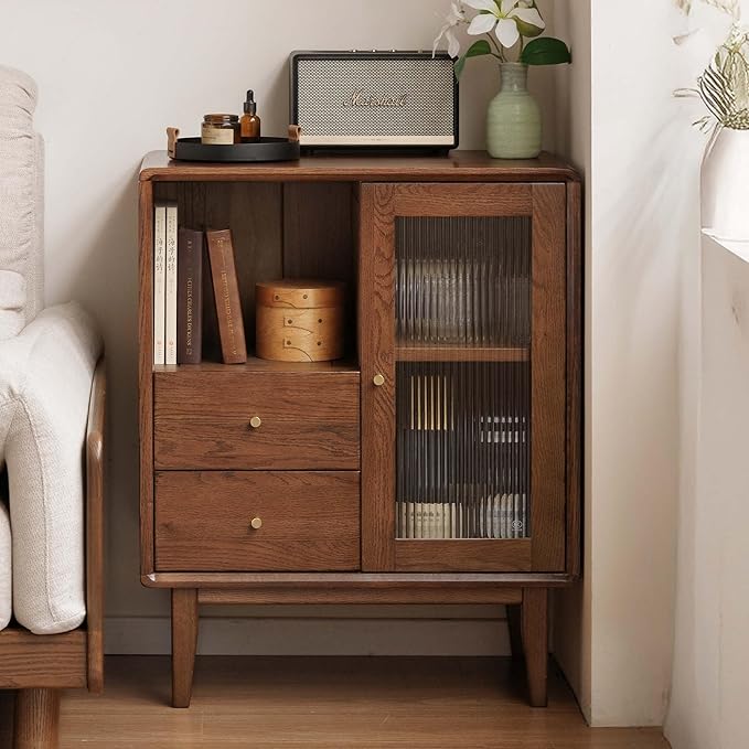 100% Solid Wood Storage Cabinet with Glass Doors and Drawers, Buffet Cabinet with Drawers, for Living Room, Reading Room, Kitchen (15.74" D x 31.49" W x 31.49" H, Walnut)