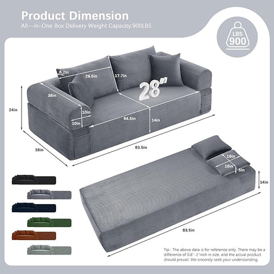 83" Modern Sofa in a Box, No Assembly Oversized 3 Seater 28" Deep Seat Cloud Sofa Bed Couch with 4 Furry Pillows & Corduroy Fabric, Boneless Couch with Side Storage Pockets for Living Room, Dark Grey