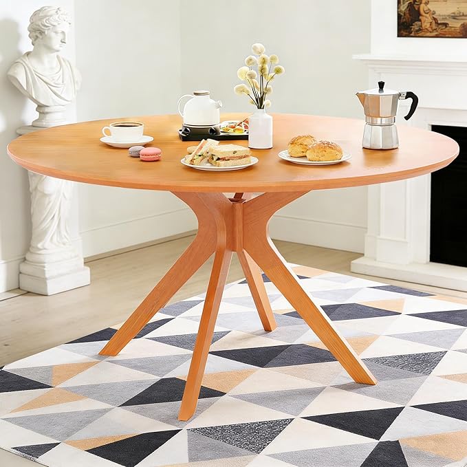 Bellemave Round Dining Table for 4-6, Solid Wood 47" Kitchen Table with Intersecting Pedestal Base, for Kitchen, Dining Room, Living Room (Honey)