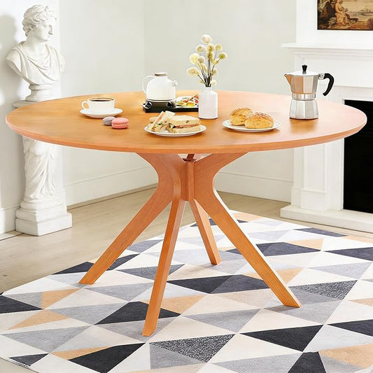 Bellemave Round Dining Table for 4-6, Solid Wood 47" Kitchen Table with Intersecting Pedestal Base, for Kitchen, Dining Room, Living Room (Honey)