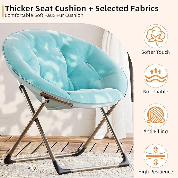 Comfy Oversized Saucer Chair, Soft Furry Padded Accent Lazy Sofa Chair for Adults, X-Large Metal Frame Folding Lounger for Bedroom, Living Room, Home Office, Blue+Gold