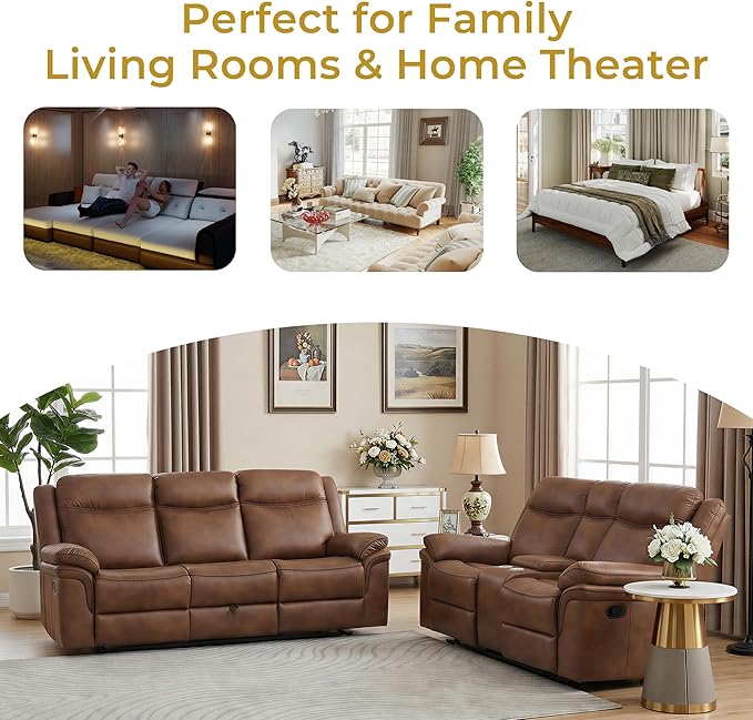 Luxurious Faux Leather Recliner Sofa Set for Living Room, Manual Rocking Loveseat, 3 Seat Reclining Sofa Couch with Dropdown Table, Storage and USB for Meeting Room (77"+87")
