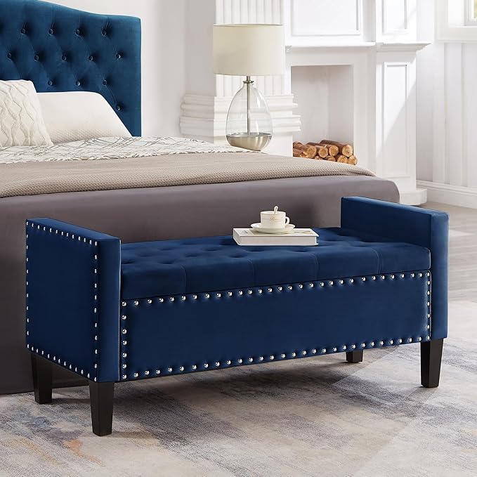 Velvet Storage Ottoman with Armrests, Upholstered Button Tufted Entryway Bench with Nails Trim for Bedroom End of Bed, Living Room,Navy