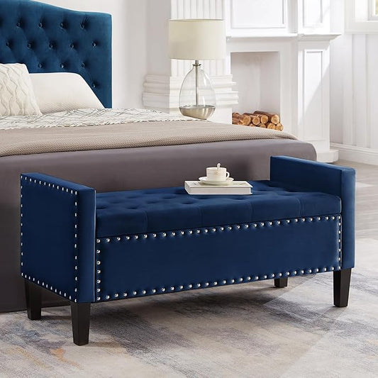 Velvet Storage Ottoman with Armrests, Upholstered Button Tufted Entryway Bench with Nails Trim for Bedroom End of Bed, Living Room,Navy