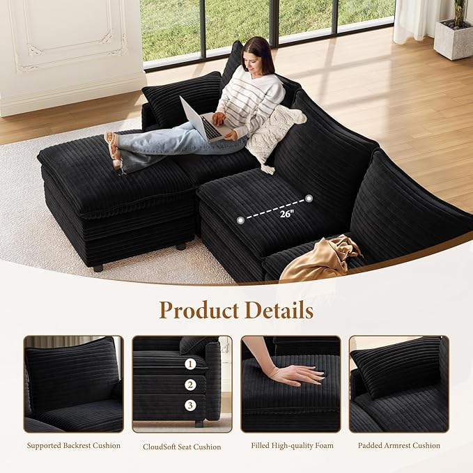 Vesgantti Large Modular Sectional Sofa, Big Comfy Cloud Couch with Ottoman Deep Seat Corduroy Cloud Sofa, 9 Seater Large Sectional Couches for Living Room, Bedroom and Apartment, Black | Sink-in Comfort, Height Adjustable, Easy Rearrangement, Extra-dee...
