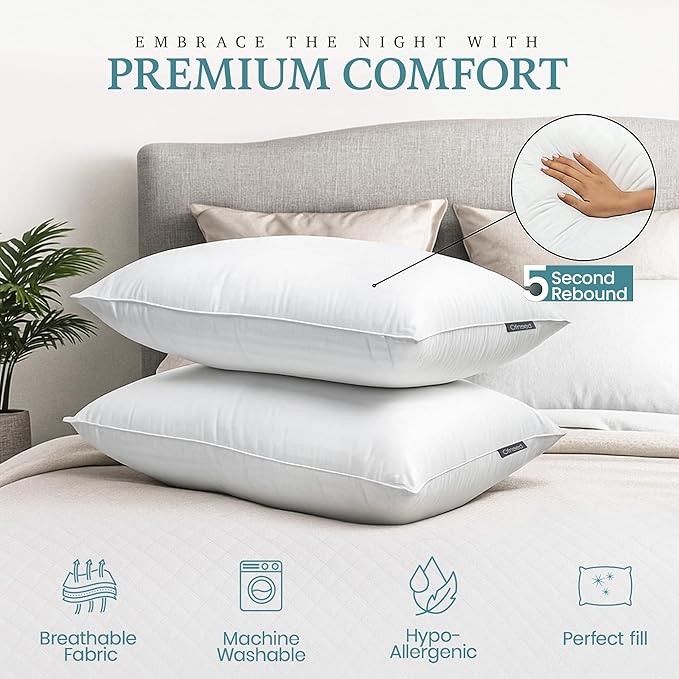 Queen Size Pillows Set of 2 Down Alternative – Soft & Fluffy Queen Pillows with Cotton Cover, Hotel Quality Pillow for Bed, Perfect Bed Pillows for Side and Back Sleepers, Size 20"x28"