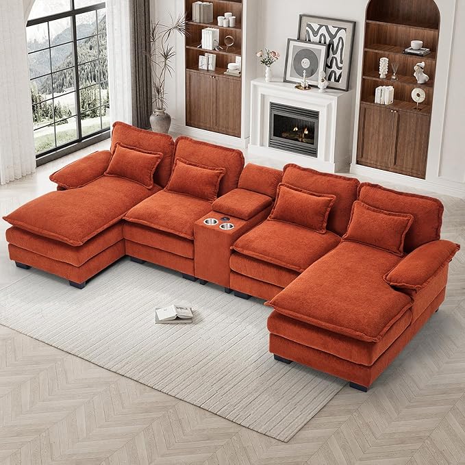 133" Oversized U Shaped Cloud Couch Modular Sectional Couches for Living Room Comfy Chenille Deep Seat Sofa Set with Double Chaise Lounge, Storage Central Console, Cup Holders, USB Port, Orange