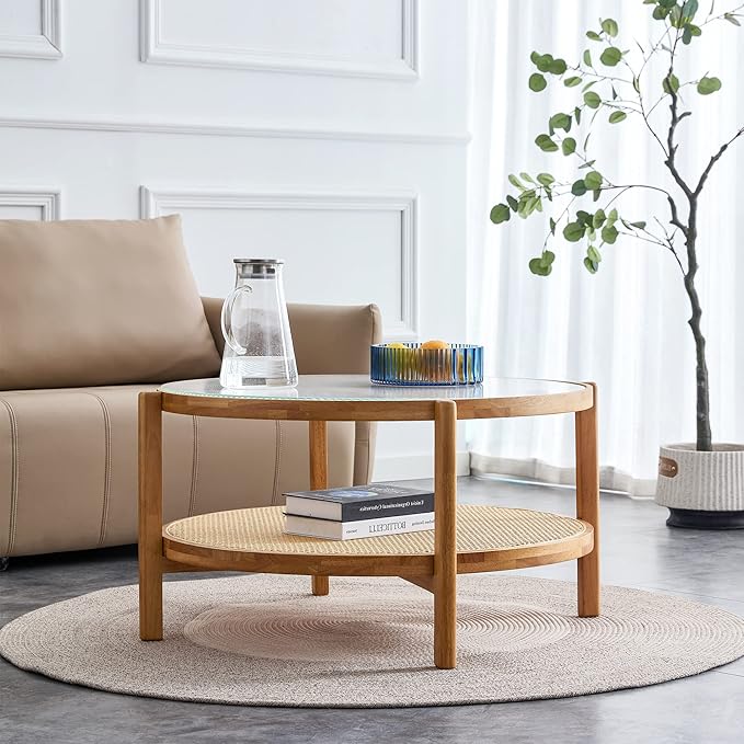 Tempered Glass Round Coffee Table, Farmhouse Circle Coffee Table with Rattan Woven Shelf for Storage, Solid Wood Circular Center Table for Living Room