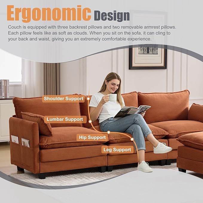 103" Oversized Modular Sectional Sofa Couch with Reversible Ottoman, Free Combination Convertible Corner Couch,Corduroy Upholstered Cloud Sectional Couch with Side Pockets | Multiple Cushions, DIY Combination, Removable Cover